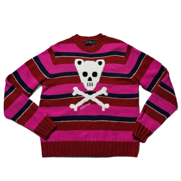 Teddy Fresh Bear Skull & Bones Red Pink Striped Crewneck Sweater XS Oversized - Picture 1 of 7